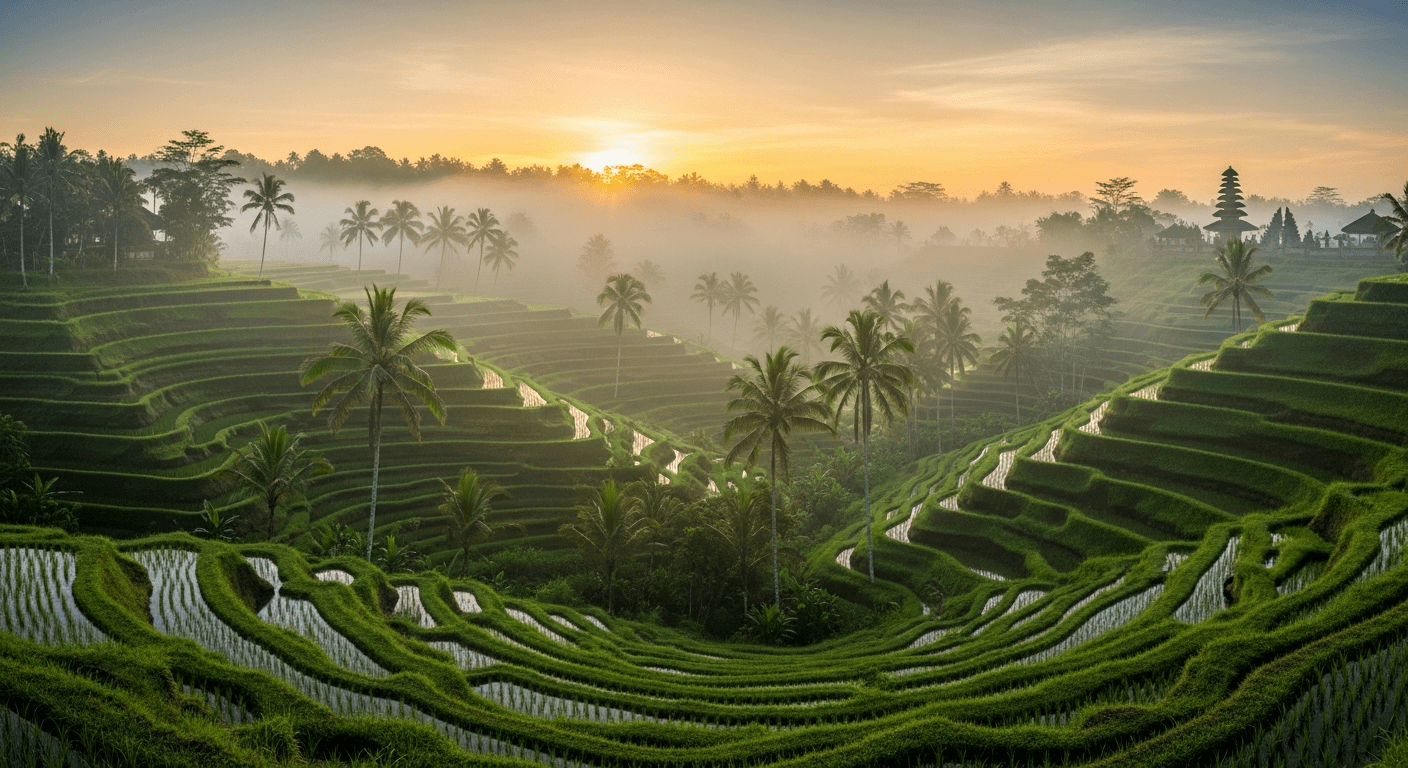 Bali rice terraces at sunrise with mist